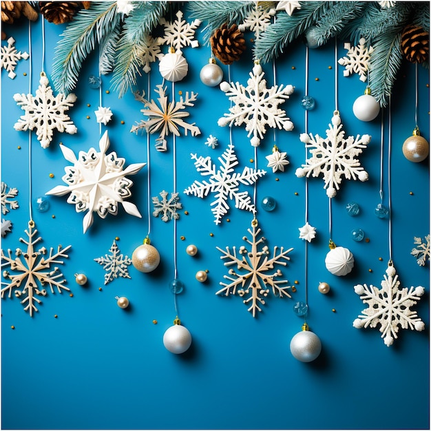 Feliz tarjeta de Navidad con copo de nieve origami blanco o cristal de hielo sobre fondo azul