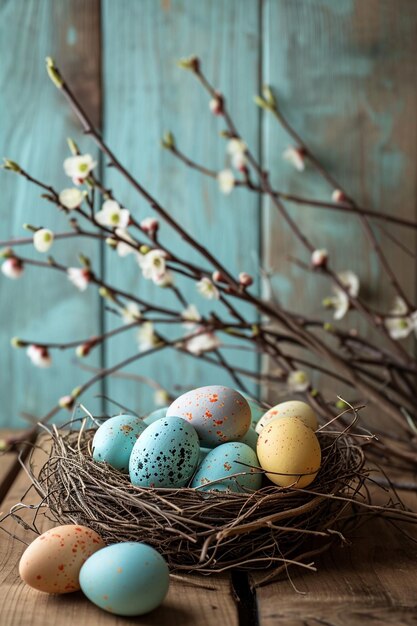 Feliz tarjeta de Pascua y huevos enfoque selectivo IA generativa