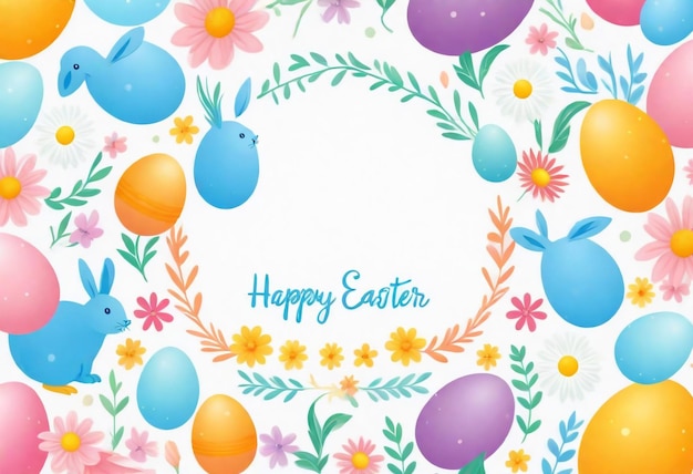 una feliz tarjeta de Pascua con un marco de huevos de Pascua en la parte superior