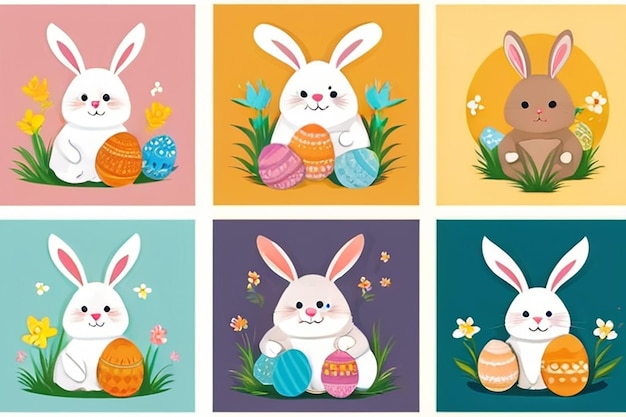 Foto feliz tarjeta de pascua con mini carteles de conejo colección ilustración vectorial