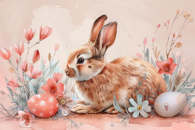 Foto feliz tarjetas de acuarela de pascua con lindos huevos de conejo de pascua, flores de primavera y pájaro en colores pastel aislados sobre fondo blanco