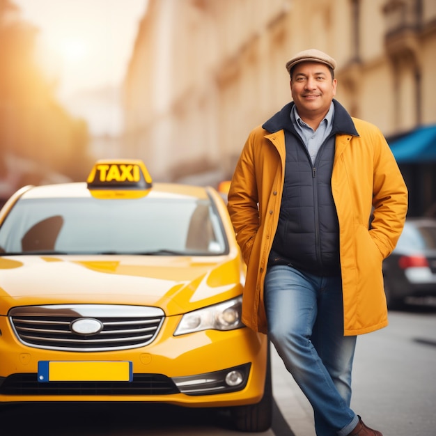 Foto feliz taxista de pie al lado de su coche