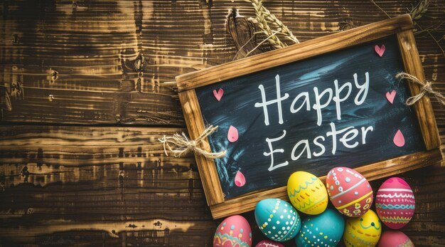 Feliz texto de Páscoa com belos ovos coloridos sobre madeira rústica