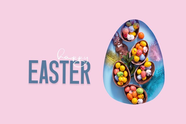Feliz texto de Páscoa e ovo de Páscoa recortado e coelhinho de chocolate e ovos Cartão de feliz Páscoa