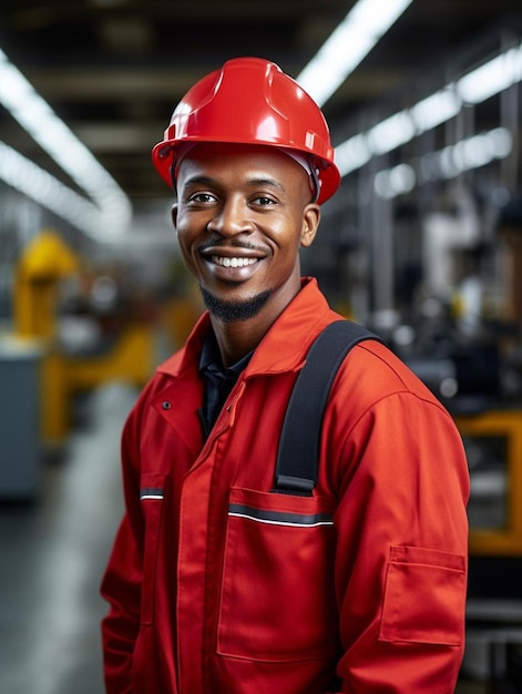 feliz trabajador afroamericano en equipo de protección personal mirando el retrato de la cámara de negro