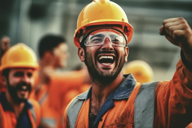 Foto feliz del trabajador de la construcción del equipo que trabaja en el sitio de construcción