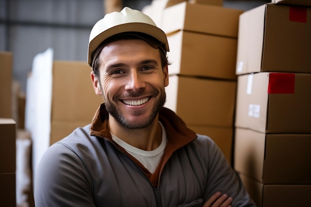 Un feliz trabajador masculino en un almacén con una pila de cajas de cartón