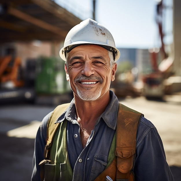 Feliz trabajador senior en el sitio de construcción