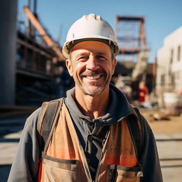 Feliz trabajador senior en el sitio de construcción