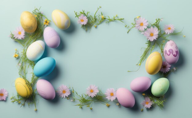 Feliz trasfondo de Pascua con flores y huevos alineados con un marco para el texto colores pastel con un montón de