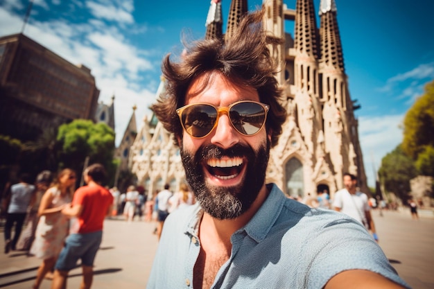 Feliz turista visitando La Sagrada Familia Barcelona Espanha