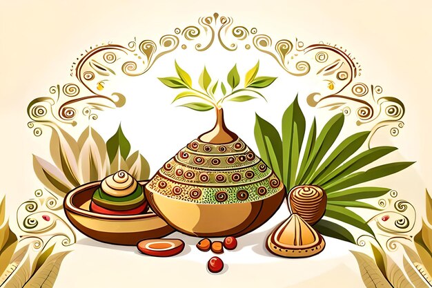 Feliz Ugadi cartão de saudação fundo com kalash feliz Ugadi composição de férias hindu ano novo