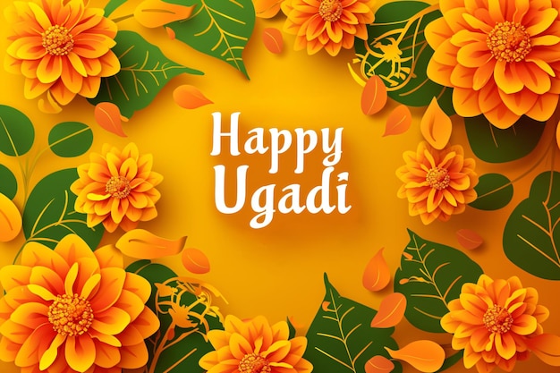 Feliz Ugadi com flores de margarida Feriados hindus indianos Celebração do Ano Novo hindu