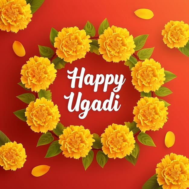 Feliz Ugadi com flores de margarida Feriados hindus indianos Celebração do Ano Novo hindu