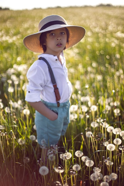 Feliz um lindo menino de chapéu fica em um campo com dentes de leão brancos ao pôr do sol no verão