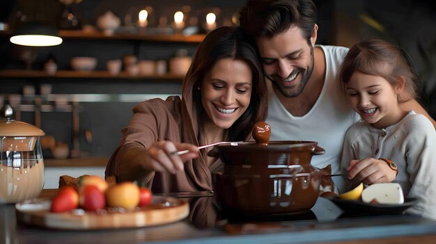 Feliz unión familiar con una fondue de chocolate momentos realistas y conmovedores capturados