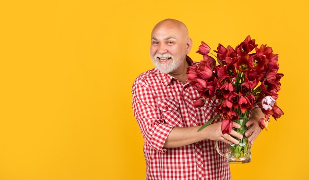 Feliz velho aposentado com barba segura flores de tulipa de primavera em fundo amarelo. espaço de cópia