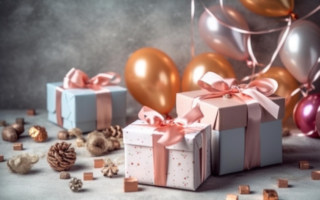 Feliz venda de ano novo Caixas de presentes com balão AI Generative