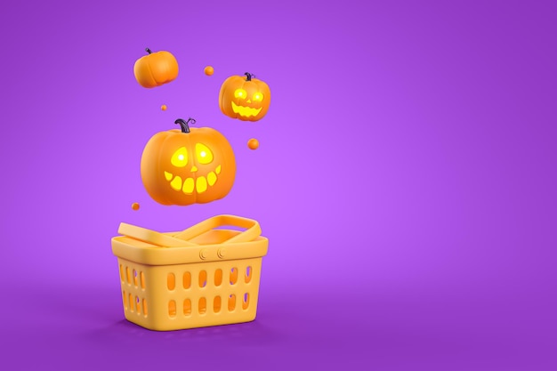 Feliz venta de Halloween con calabazas JackoLantern y cesta de compras sobre fondo púrpura