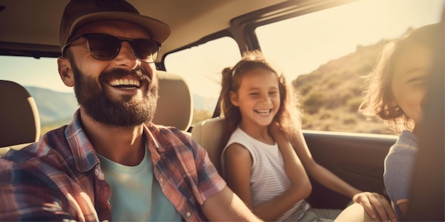 feliz viagem em família no carro