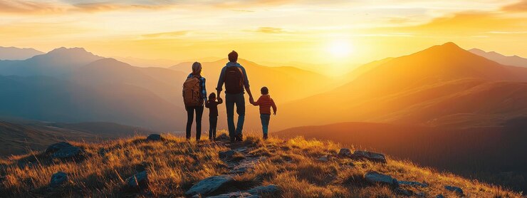 Feliz viaje familiar en las montañas al atardecer Concepto de viaje familiar