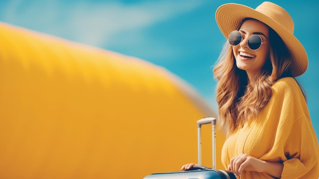 Feliz viaje mujer en concepto de vacaciones Viajero divertido disfruta de su viaje y listo para la aventura