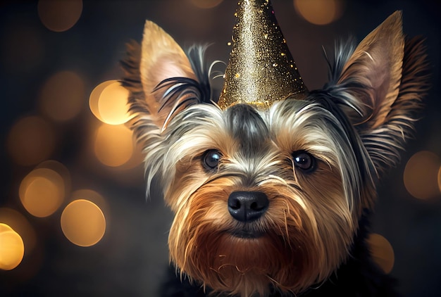 Feliz Yorkshire Terrier usando chapéu de festa para celebração com fundo bokeh Conceito de animal e animal de estimação Generative AI