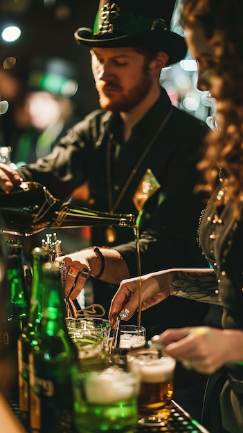 Felizes amigos a celebrar o dia de São Patrício irlandês juntos com cerveja.