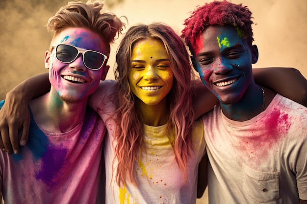 Felizes amigos multirraciais. Nuvens de poeira coloridas. Festival Holi. IA criativa.