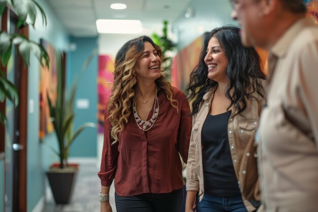 Foto felizes colegas de negócios latinas conversam animadamente enquanto caminham pelo