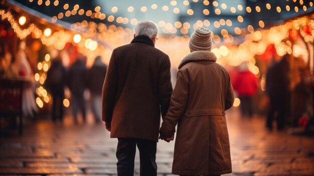 Felizes dois idosos, mulher, homem, caminhando contra o pano de fundo das luzes da feira de natal