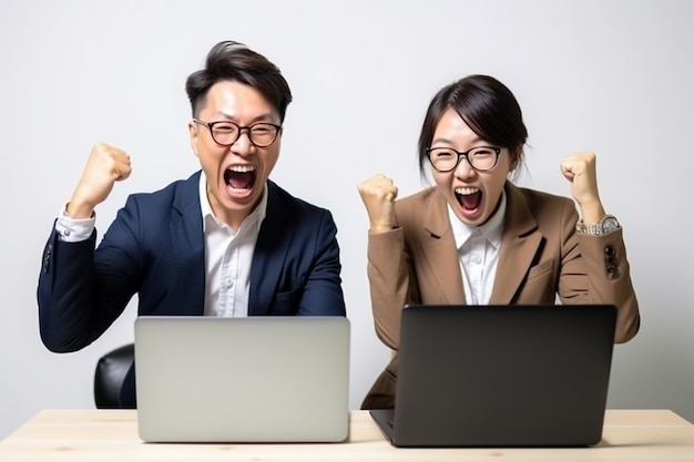 Felizes e entusiasmados colegas celebrando o triunfo juntos isolado fundo branco