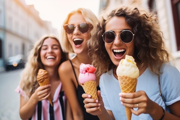 Felizes jovens amigas a comer gelado na cidade.