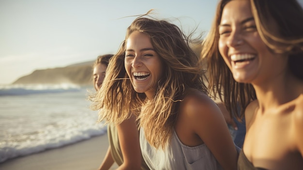 Felizes jovens amigas adultas se divertindo na praia