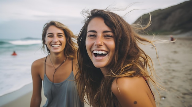 Felizes jovens amigas adultas se divertindo na praia