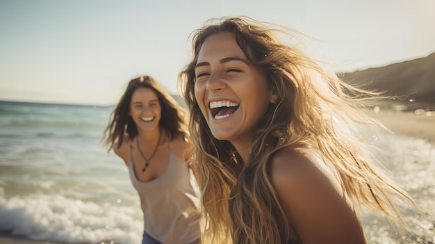 Felizes jovens amigas adultas se divertindo na praia