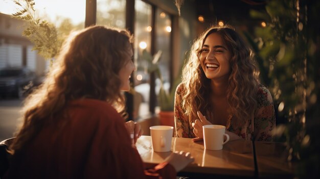 Felizes jovens amigas positivas e otimistas sentadas ao ar livre no café tomando café conversando umas com as outras