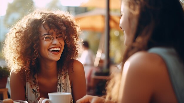 Foto felizes jovens amigas positivas e otimistas sentadas ao ar livre no café tomando café conversando umas com as outras