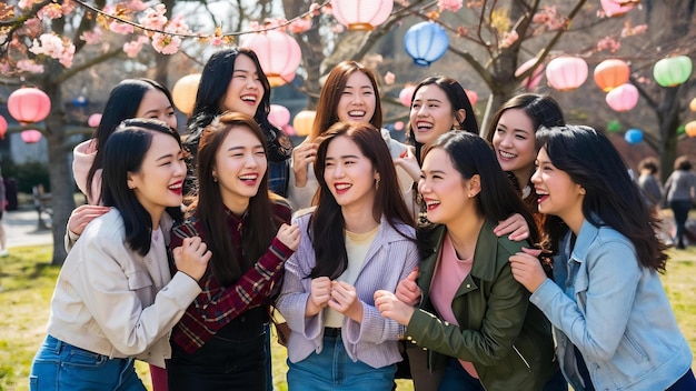 Felizes jovens mulheres asiáticas grupo estilo de vida da cidade brincando e conversando uns com os outros