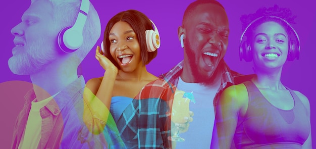 Felizes jovens multirraciais usando fones de ouvido panorama de colagem brilhante