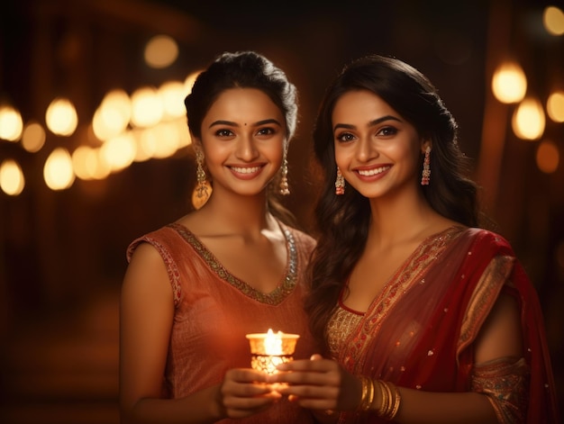 Felizes lindas mulheres indianas em vestido sarre diwali