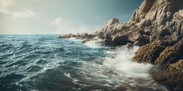 Felsen am Meer Küstenlandschaft und Meereslandschaft mit dramatischen Klippen Schönheit des Naturkonzepts Hintergrund Atemberaubende Sommermeerlandschaft Hintergrund Generative KI