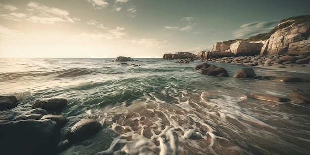 Felsen am Meer Küstenlandschaft und Meereslandschaft mit dramatischen Klippen Schönheit des Naturkonzepts Hintergrund Atemberaubende Sommermeerlandschaft Hintergrund Generative KI