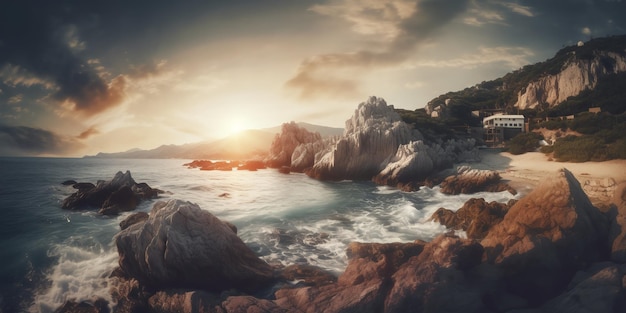 Felsen am Meer Küstenlandschaft und Meereslandschaft mit dramatischen Klippen Schönheit des Naturkonzepts Hintergrund Atemberaubende Sommermeerlandschaft Hintergrund Generative KI