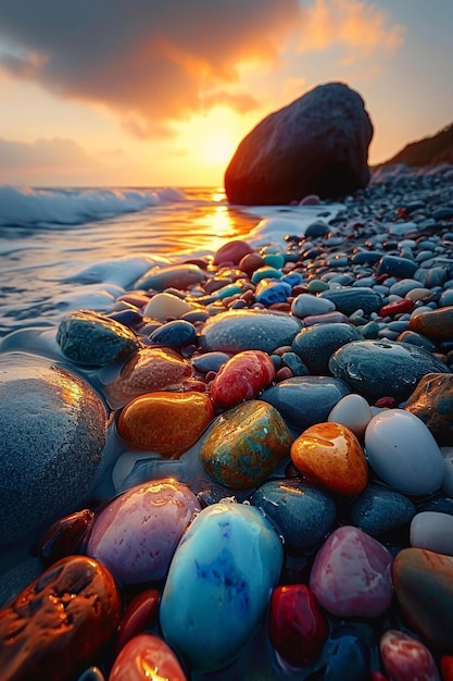 Felsen an einem Strand mit einem Sonnenuntergang im Hintergrund