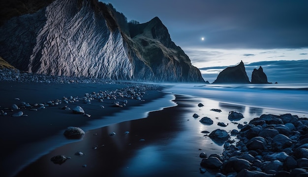 Felsen auf dem Wasser, magische Landschaft bei Sonnenuntergang