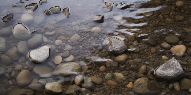 Felsen in einem Fluss mit dem Wort „Wasser“ auf dem Grund.