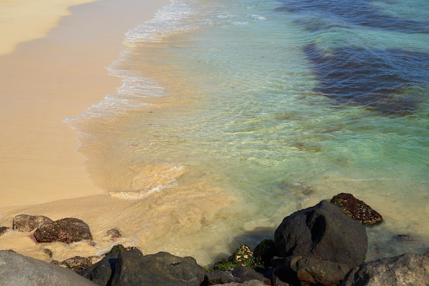 Felsen und Wellen an einem tropischen Sandstrand