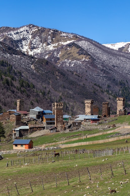 Felsentürme und alte Häuser in Ushguli, Georgia