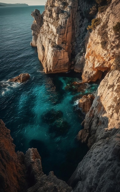 Felsige Klippe und blaues Meer, aufgenommen von einer Drohne mit generativer KI